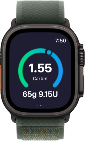 Mirri One on Apple Watch — the CarbIn gauge reading 1.55, with 65g and 9.15U below it