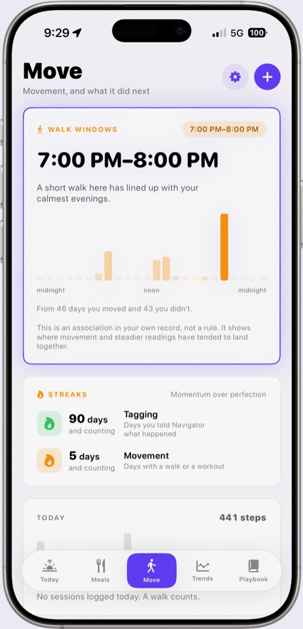Mirri Navigator — the Streaks screen