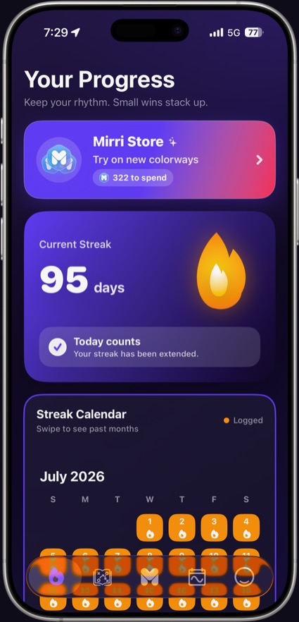 Mirri One — the Progress screen